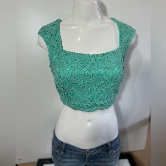 NWT VA VA.VOOM HOT MIAMI STYLE LACE GREEN turquoise CROPPED back zipper size L - Picture 2 of 8